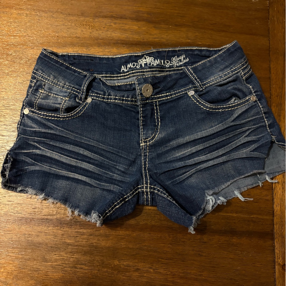 Y2K Almost Famous Dark Wash Blue Denim Women Shorts Lowrise Cheeky Sz 3